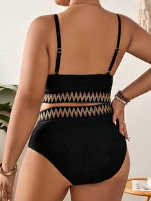 Plus Size Tummy Control Bikini Set, Spaghetti Strap Backless Textured Top And Printed Casual Shorts Summer Beach - Black - View 2
