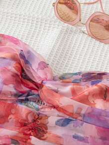 Dreamara Plus Size Women's Romantic Casual Easter/Graduation/Wedding/Back To School Party Lunch Garden Tea Cute Watercolor Floral Print Off Shoulder Twist Blouse, Organza Fabric - Multicolor - View 5