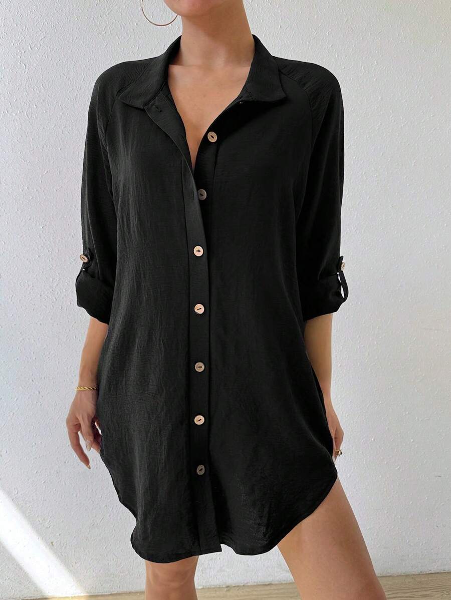 SHEIN Unity 女士時尚純色中袖鈕扣襯衫