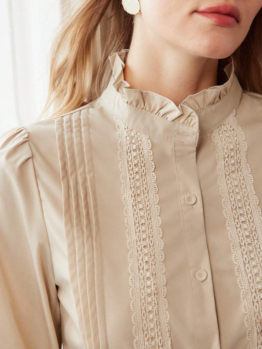 MOTF PREMIUM LACE INSERT FRILL MOCK NECK SHIRT