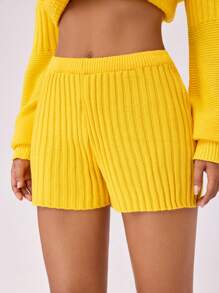 Forever 21 黄色针织中腰短裤，秋冬 - 黃色 - 查看 6