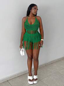 Slaydiva 2pcs/Set Women's Vacation Beach V-Neck Spaghetti Strap Crochet Openwork Fringed Camisole And Crochet Openwork See-Through Shorts, Green ,Crochet Outfits Two Pieces
