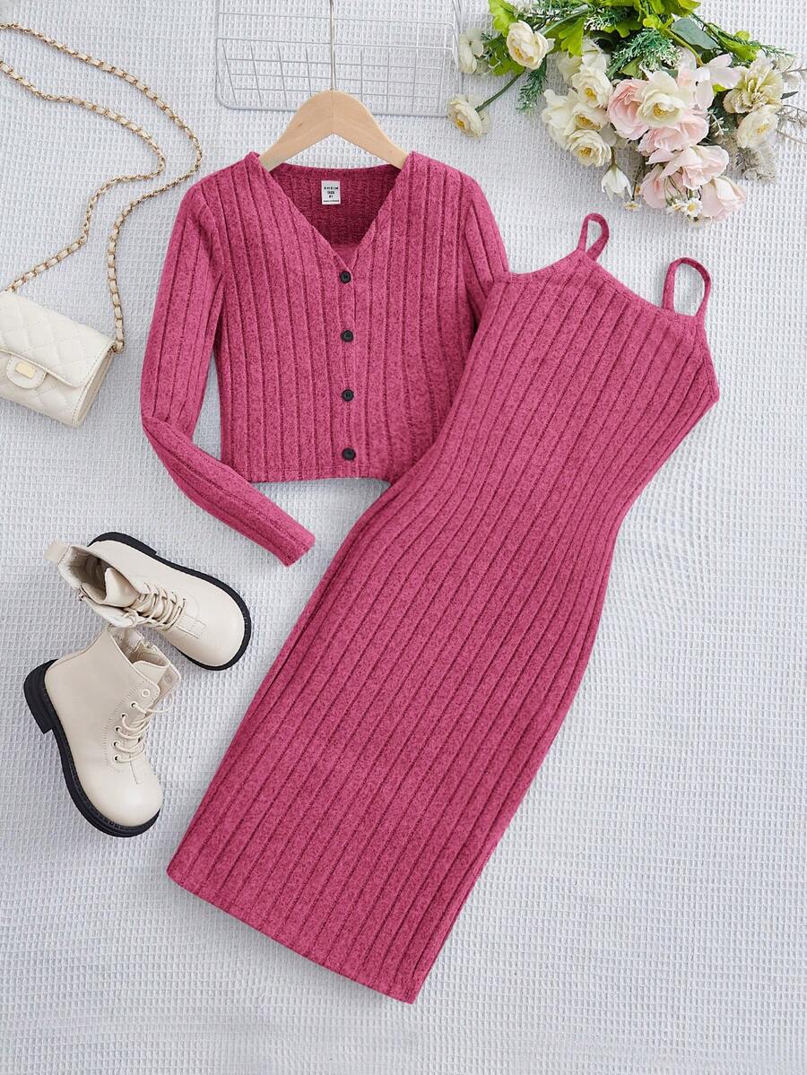 Bộ 2 chiếc áo len đan và váy trơn thường ngày dành cho nữ Tween - Màu Hồng Tươi - Xem 1