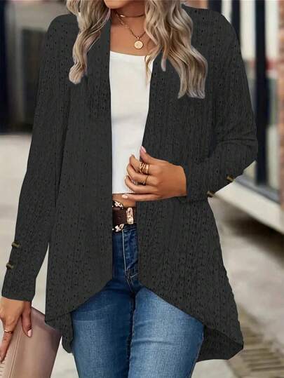 Plus Size Elegant Coat, Solid Color Long Sleeve Open Stitch Loose Soft Breathable Hollow Lady Fall Cardigan Coat