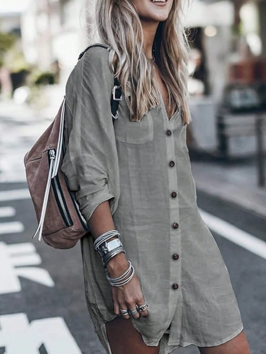 女式纯色简约休闲长袖纽扣衬衫