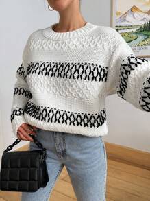 EURMUSE Woman Jacquard Detailed Cozy Soft Oversize Sweater - White - View 4