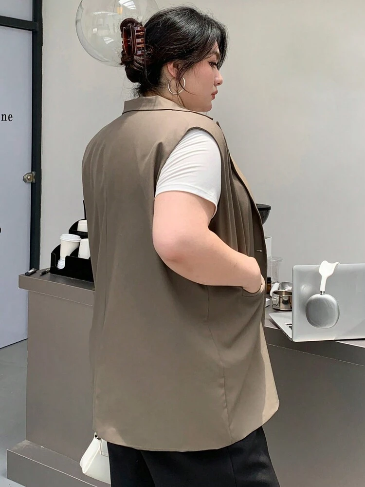 Dazy Plus Plus Size Solid Color Loose Fit Notched Collar Suit Vest, Suitable For Spring, Summer And Autumn Women Blazers Business Attire