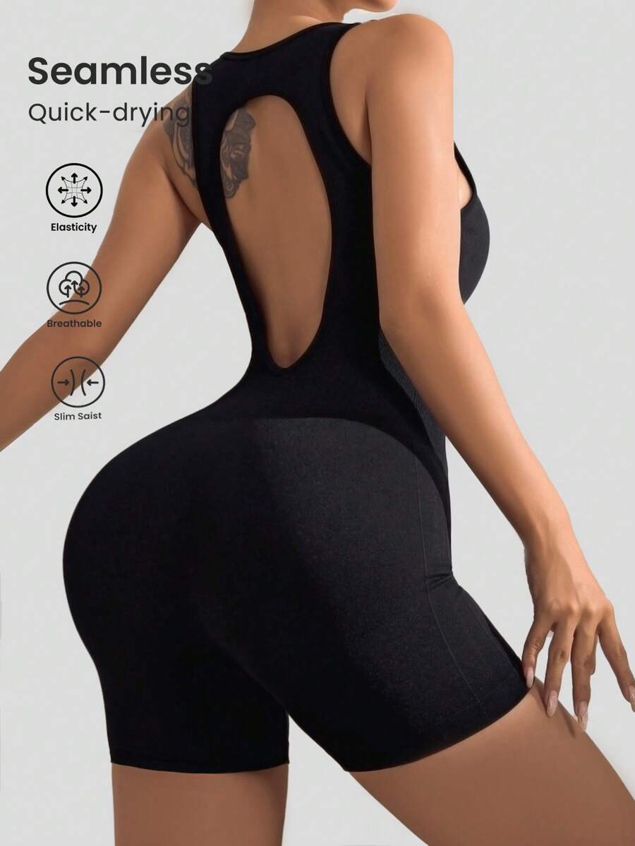 SHEIN Sports Seamless Backless Sleeveless Solid Color Sports Romper - Black - View 1