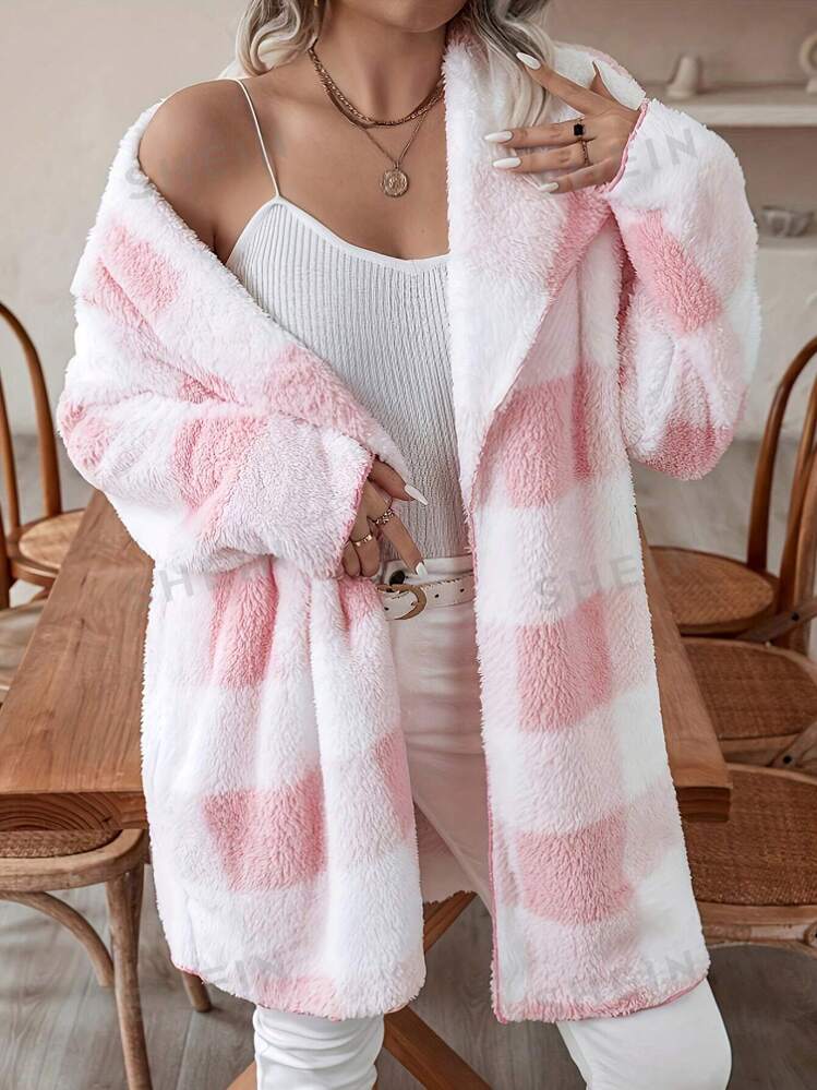 SHEIN EZwear Plus Size Women s Casual Plaid Printed Teddy Open Front Long Sleeve Waterfall Cardigan Coat For Winter