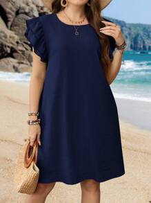 EMERY ROSE Plus Size Solid Color Round Neck Short Sleeve Dress, Summer - Navy Blue - View 3