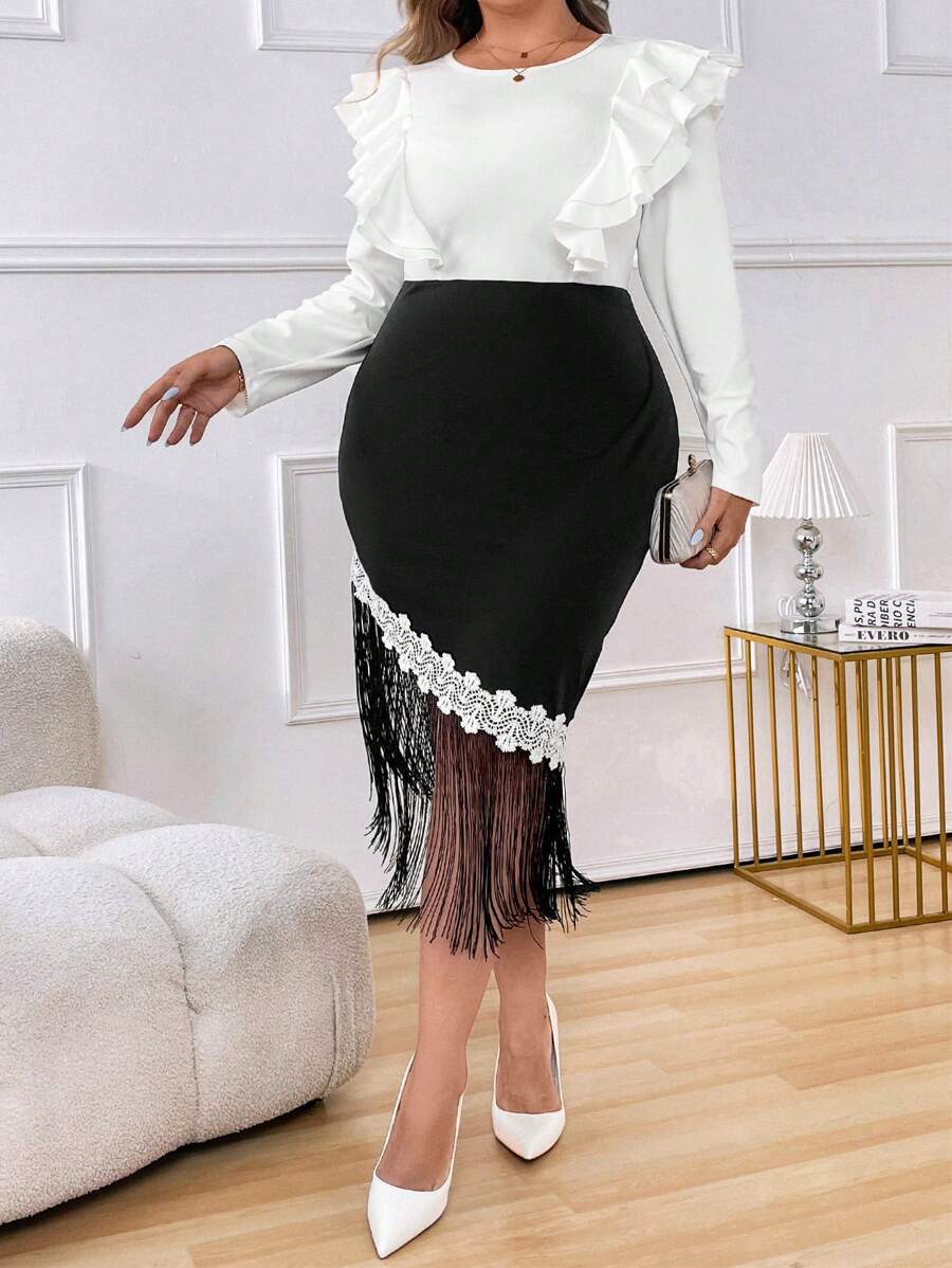 SHEIN Unity 大码春秋优雅拼色荷叶边下摆流苏下摆中长连衣裙 - 黑與白 - 查看 1