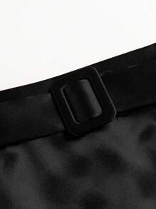 女士收腰半身裙，女士优雅腰带，褶皱长款常规款高腰黑色纯色女士半身裙，春/秋，休闲日常穿着 - 黑色 - 查看 4