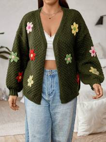 Flirla 大码女式彩色 3D 花卉图案开衫毛衣，冬季 - 綠色 - 查看 5