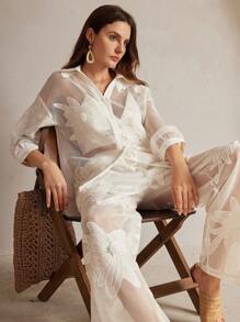 Anewsta 2pcs Set French Romantic White Hollow Embroidery Floral Casual Outfit - White - View 4