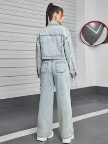 SHEIN 2 Cái/bộ Retro Teen Girls' Casual Thiết Kế Cổ Điển Denim Đau Khổ Bộ Nhiều Món - Nhiều màu - Xem 2