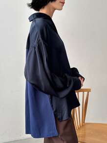 FRIFUL 女士纯色落肩长袖宽松休闲衬衫，春夏秋装 - 藏蓝色 - 查看 3