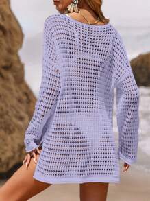 Swim Vcay Solid V-Neck Sheer Long Sleeve Casual Loose Cover Up Top Summer