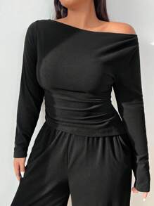 SHEIN EZwear 女士黑色长袖T恤和长裤两件套加大码针织套装 - 黑色 - 查看 4