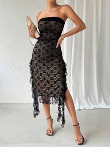 Chiquease Women's Lace Strapless Ruffled Hem Dress - Black - View 1