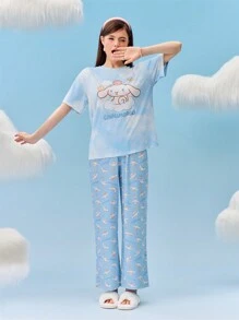 HELLO KITTY AND FRIENDS | SHEIN 女士卡通肉桂卷字母印花短袖 T 恤和长裤可爱舒适睡衣套装 - 藍色 - 查看 4