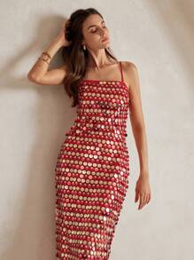 Anewsta 1pc Beaded Long Bodycon Dress With Side Slit, Red For New Year Clothes Maxi Women Outfit - Red - View 4