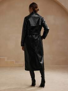 SHEIN X Lucía Bellido Anewsta 女士翻领魅力时尚长袖仿皮风衣 - 黑色 - 查看 2