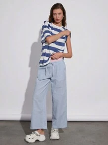 SHEIN EZwear Pantalones anchos tejidos con rayas azules y cuadros rosas de estilo informal para mujer con ajuste holgado
