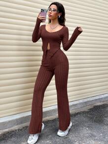 SHEIN Unity 2 件套休闲纯色开叉下摆长袖上衣和喇叭裤套装，春秋 - 咖啡棕 - 查看 3