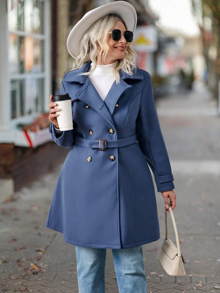 SHEIN LUNE Plus Size Double-Breasted Belted Casual Jacket, For Winter - Blue - View 1