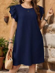EMERY ROSE Plus Size Solid Color Round Neck Short Sleeve Dress, Summer - Navy Blue - View 1