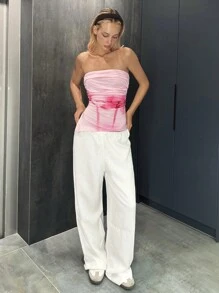 SHEIN EZwear Top tubo sin mangas con ruedo asimétrico fruncido con estampado de teñido anudado para mujer - Marrón - Ver 4