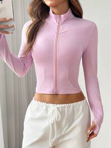 SHEIN EZwear 女士夏季休闲纯色立领短款防晒夹克 - 粉色 - 查看 4