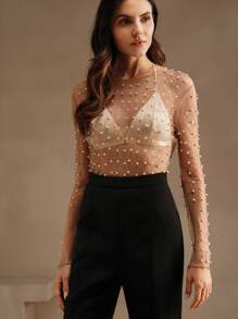 Anewsta 女士透视性感优雅仿珍珠薄纱长袖上衣，夏季沙滩装 - 卡其色 - 查看 5