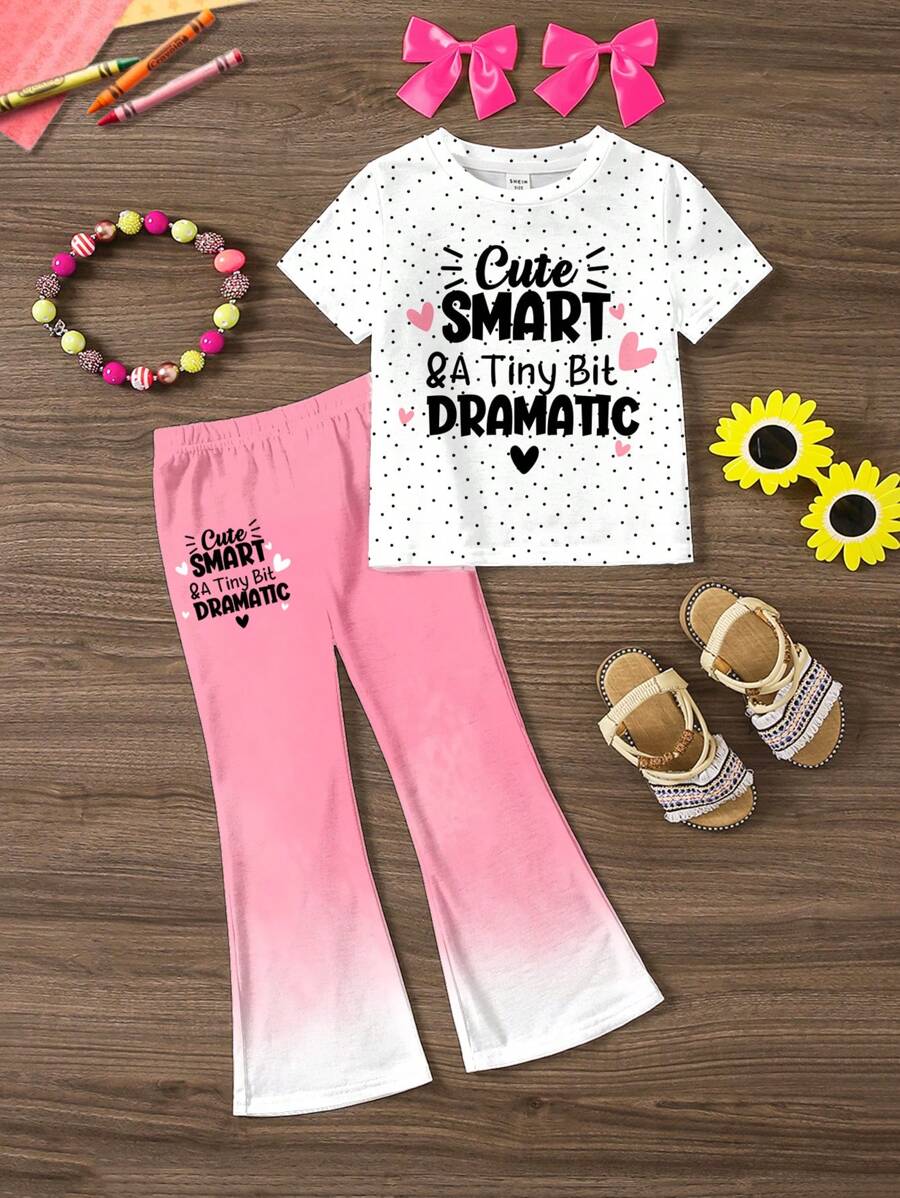 SHEIN ModeFlare Wear 2 chiếc áo phông cổ tròn họa tiết hoạt hình thường ngày cho bé gái trở lại trường và bộ quần ống loe, phù hợp cho mùa hè và mùa thu - Nhiều màu - Xem 1