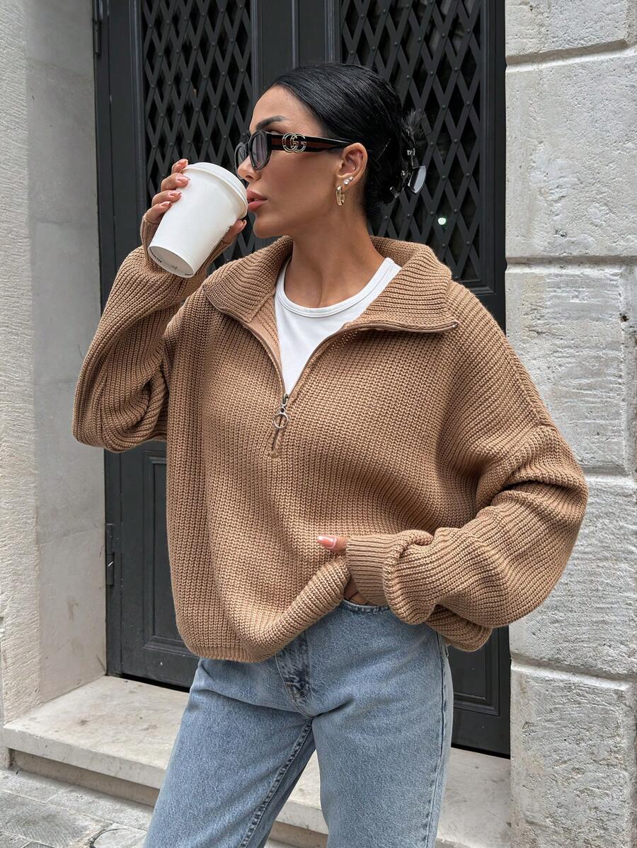 EURMUSE Woman Zipper Collar Loose Fit Comfy Warm Sweater - Camel - View 1