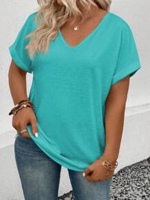 INAWLY 女士 V 领卷边袖休闲大码 T 恤 - 彩色 - 查看 5