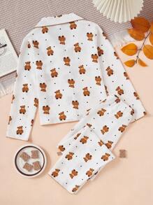 2 件套少女校园风格熊印花睡衣套装，长袖上衣和长裤，家居服 - 白色 - 查看 2