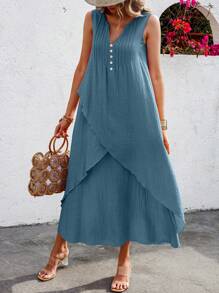 Breezaya 女士纯色缺口领长款休闲夏季连衣裙超长度假海滩装 - 水鴨藍 - 查看 4