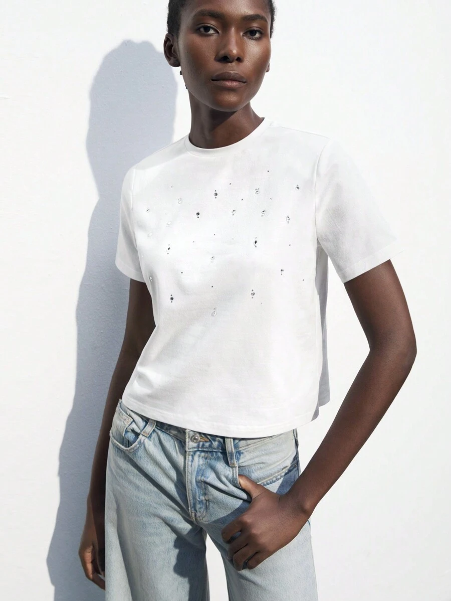 Maija Women Rhinestone Decor Crew Neck Short Sleeve T-Shirt - White - View 1