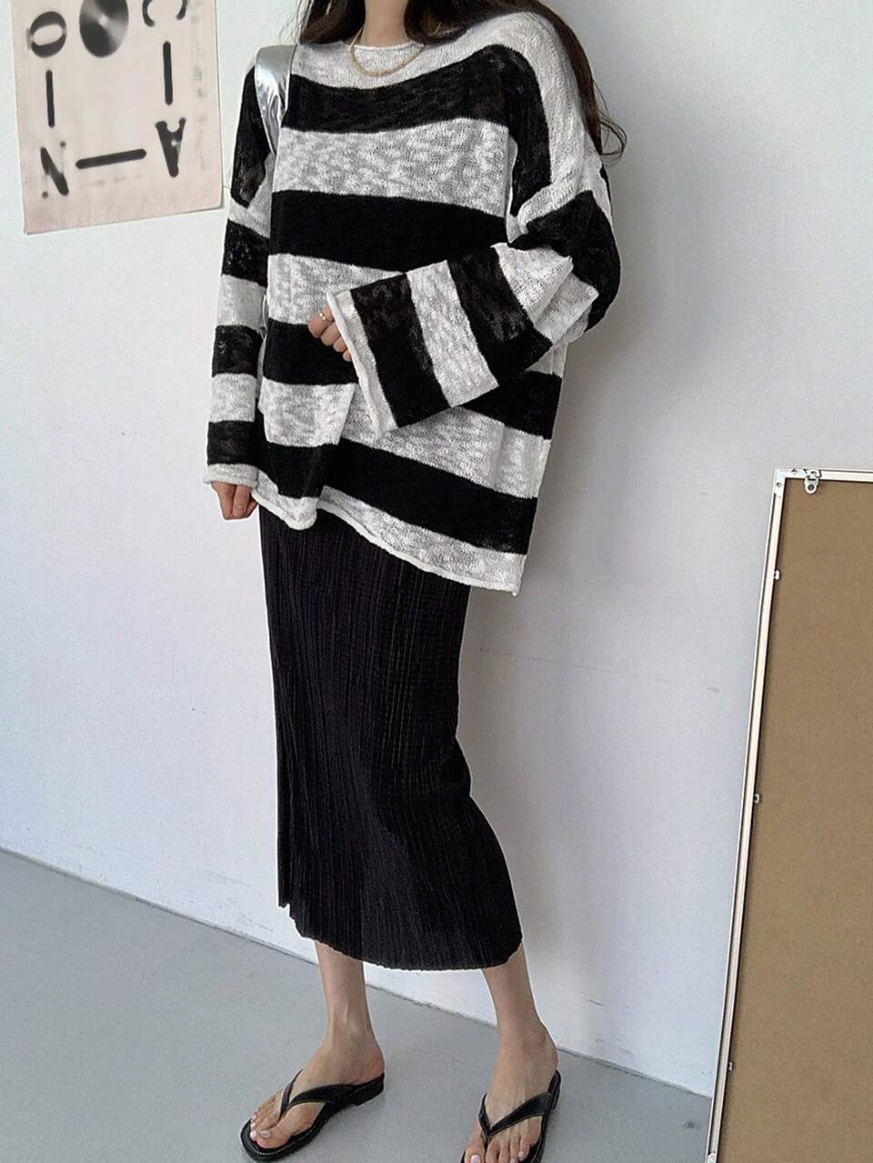 Women's Loose Fit Black And White Striped Sweater Fall