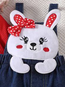 2pcs Baby Girls' Spring/Autumn Red Ruffle Long Sleeve Top & Cute Rabbit Embroidered Red Polka Dot Dungaree Pants Set - Red - View 3