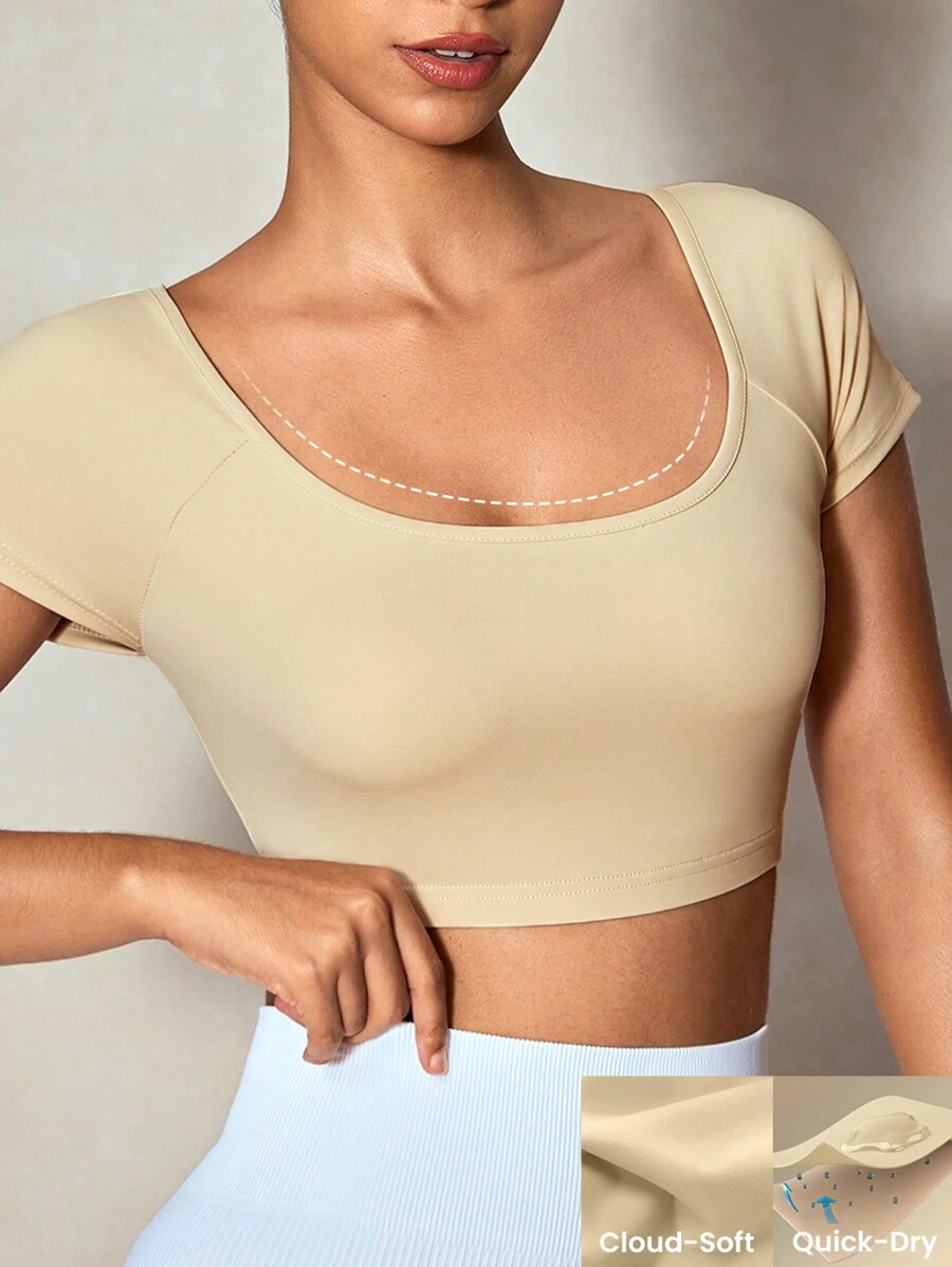 Eassivo Eassivo Women's Scoop Neck Short Sleeve Solid Color Casual Crop Sports T-Shirt, Short Length - Apricot - View 1