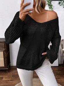 SHEIN LUNE Einfacher einfarbiger Pullover mit ausgeschnittenem Sternmuster für den Lässig-Alltag, gestrickter Pullover für Herbst und Winter - Schwarz - Übersicht 1