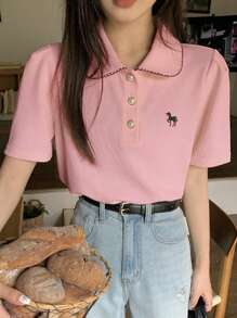 DAZY 女士纽扣圆领短袖休闲修身优雅甜美舒适 Polo 衫夏季