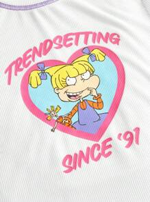 Nick 90s | SHEIN 女士休闲卡通字母印花撞色针脚修身短款 T 恤 - 白色 - 查看 3