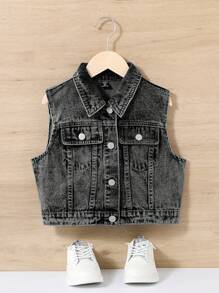 SHEIN Tween Girls' Summer Casual Washed Denim Vest