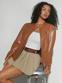 Hauture Zipper Detail PU Leather Zip Jacket