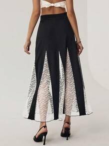 SHEIN Privé 女士高腰撞色蕾丝优雅半身裙 - 黑色 - 查看 3