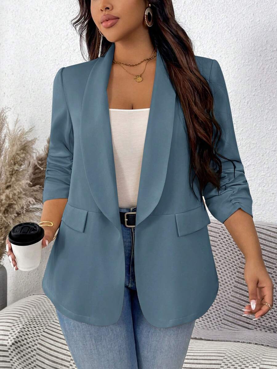 SHEIN LUNE 秋冬大码纯色优雅百褶袖西装外套