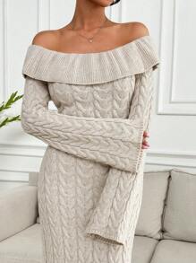 EURMUSE Elegant Off Shoulder Raffle Detailed Neckline Cable Knit Front Slit Maxi Sweater Dress - Beige - View 4